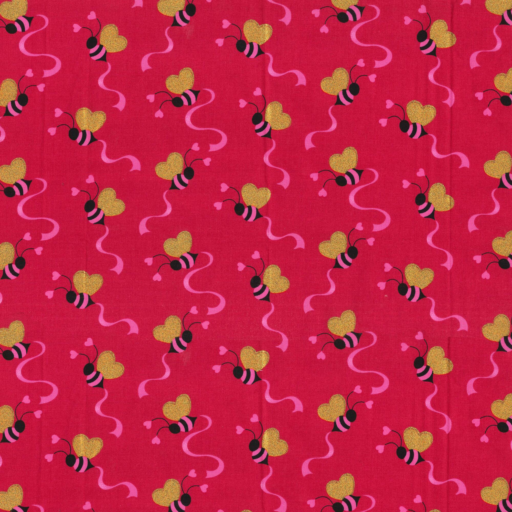 Fabric Traditions Valentine's Tossed Bees & Hearts Glitter Cotton Fabric